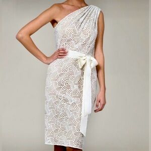 Tadashi Shoji One Shoulder Textured Embroidered Sheath Dress Sz 6💛